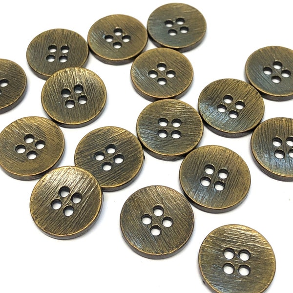 6, aged bronze colour metal buttons, etched buttons, 4 hole buttons, blazer buttons, antique bronze buttons