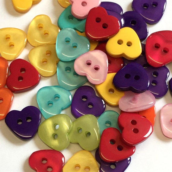 Buy 10, 13mm Heart Shaped Buttons in Assorted Mixed Colours, Multi