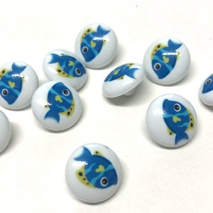 10, 15mm (24L) cute fish shank buttons, white buttons with fish picture, blue fish buttons, novelty buttons