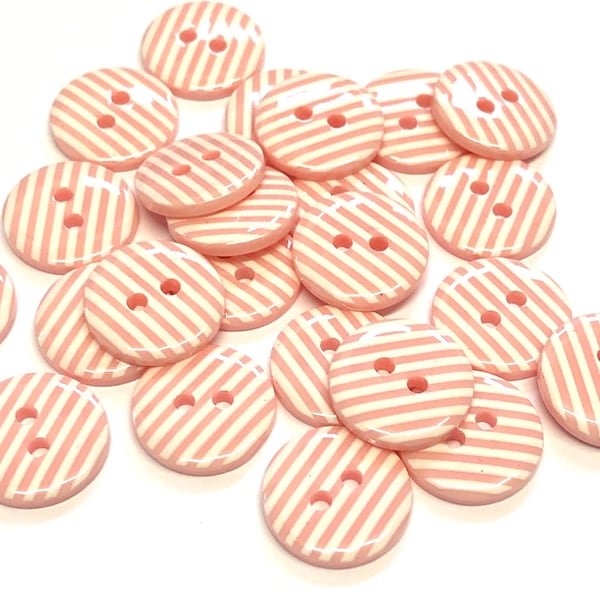 10, pink stripe buttons, pink stripy buttons, 15mm pink buttons, light pink buttons, resin buttons, buttons uk, craft buttons