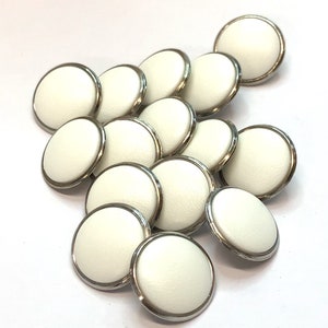 6, 18mm (28L) white shank buttons with a silver metallic border, white sweater buttons
