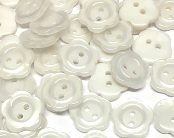 10pcs White Flower Resin Buttons: 14mm Pearlescent Craft Supplies