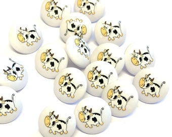 10, 15mm (24L) cute cow shank buttons, white buttons with cow picture, farmyard buttons, novelty button, childrens knits, animal button