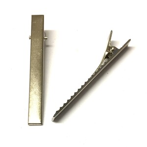 Puede incluir: Dos pinzas de pelo de metal plateado. Una pinza es rectangular y cerrada, la otra abierta, revelando el borde dentado. Estas pinzas se utilizan para sujetar el cabello. Cada pinza mide unos 5 cm de largo.