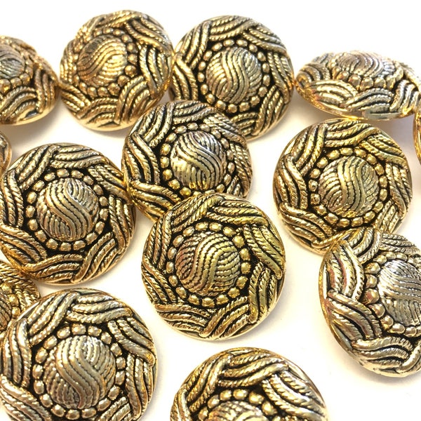 10, 15mm (24L) gold buttons, decorative buttons, plastic buttons, round buttons, metallic buttons, vintage buttons, craft buttons, UK seller