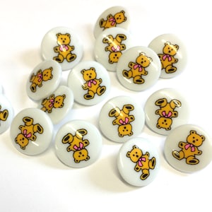 10, 15mm (24L) teddy shank buttons, white buttons with cute teddy picture, yellow bear buttons, novelty buttons