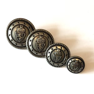 6 metal coat of arms buttons aged silver, hollow metal vintage buttons, shield buttons, military buttons, costume buttons, silver buttons
