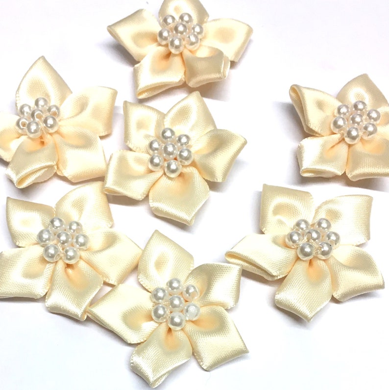 10 Satin Ribbon Flowers Pearl Ribbon Flowers Cream Ribbon Etsy