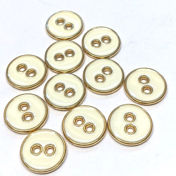 6 x gold and white round enamel buttons, Italian gold metal buttons, assorted sizes, gold metal buttons, unusual metal button