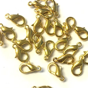 20, gold plated lobster clasps, gold lobster clasps, 12mm x 6mm lobster clasps, necklace findings, jewellery clasps, jewelry lobster clasps