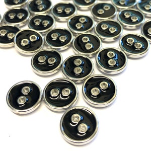 10, 11mm (18L) silver metallic and black enamel shirt buttons, Italian shirt buttons, retro blouse buttons, small white buttons