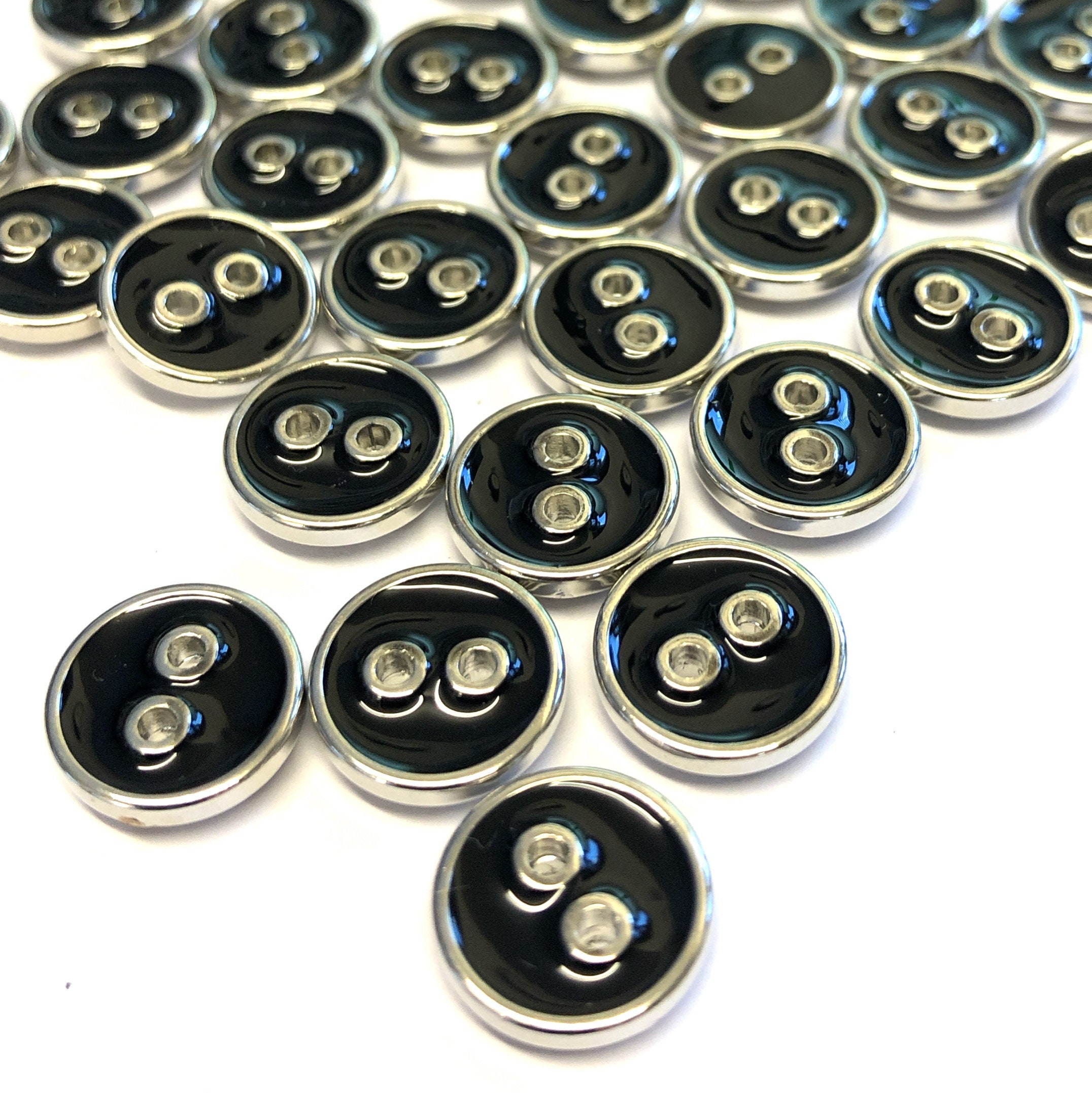 10, 11mm 18L Silver Metallic and Black Enamel Shirt Buttons