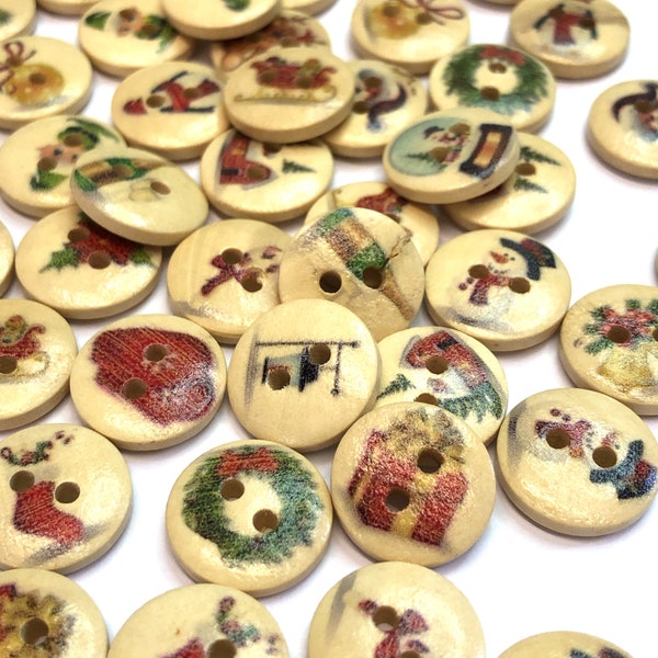10, 15mm painted christmas buttons, assorted xmas designs, christmas jumpers, festive mixed buttons