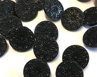 10, 15mm etched black shank buttons, flat surface with etched pattern, fancy black buttons, black shank buttons, black 15mm buttons