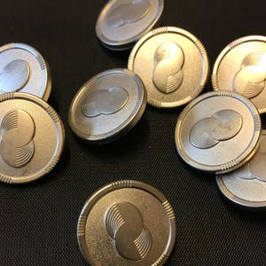 6, silver metallic plastic buttons, vintage silver buttons, silver shank buttons, assorted size buttons, matching buttons, jacket buttons
