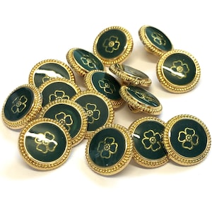 Dark Green Enamel Flower Buttons: Gold Metallic Shank Buttons (6, 18mm)
