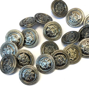 10, pewter coat of arms buttons, shield buttons, plastic buttons, 18mm buttons, aged silver buttons, blazer buttons, craft buttons