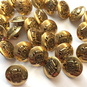 10 x metallic buttons, gold plastic buttons, round buttons, gold buttons, coat of arms, military buttons, vintage style, 15mm buttons