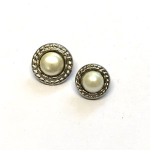 6, silver metal and white pearl detail buttons with a rear loop, metal blouse buttons, pearl buttons, choice of size