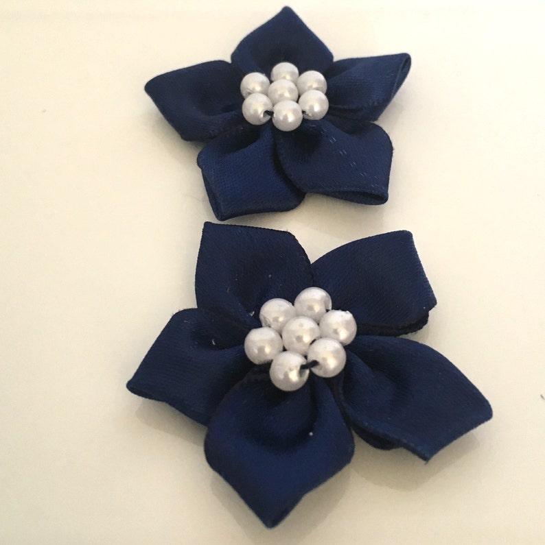 10, satin ribbon flowers, pearl ribbon flowers, navy ribbon flowers, navy ribbon rosettes, satin ribbon rosettes, sewing appliques, craft image 5