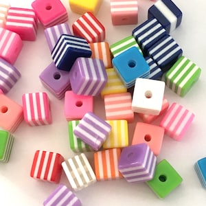 50 Striped Resin Cube Beads: Assorted Candy Colors (8mm)