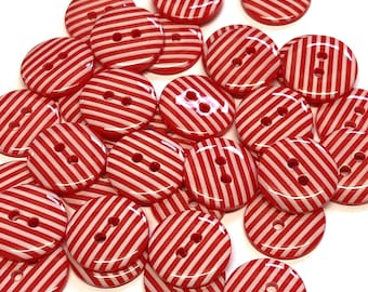 10, red stripe buttons, red stripy buttons, 15mm red buttons, red buttons, resin buttons, buttons uk, craft buttons