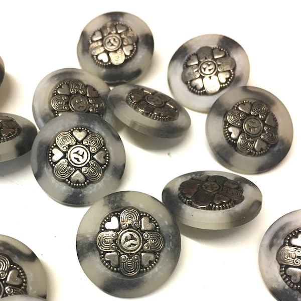 6, grey variegated buttons, resin buttons, metal buttons, silver buttons, various size, grey buttons, kintting button, sewing button