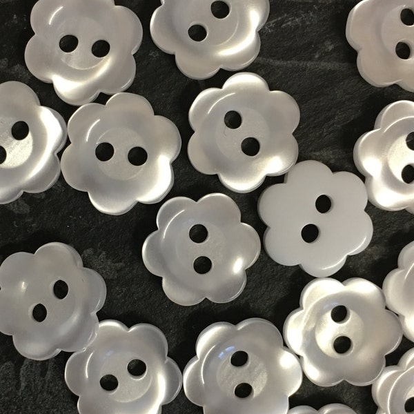 10, white flower buttons, flower shaped buttons, 11mm button, opalescent buttons, dolls buttons, baby buttons, floral buttons, white buttons