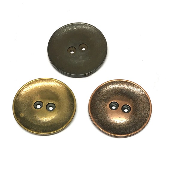 2, 32mm Large Round Metal Buttons With Two Holes, Bronze Metal