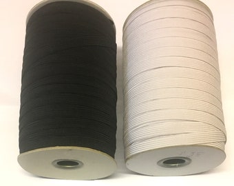 5 metres of black or white flat elastic, 16 cord, 12 cord, 8 cord and 6 cord flat elastic, black flat elastic, white flat elastic