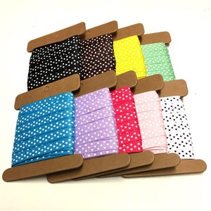 5M good quality spotty grosgrain ribbon in a choice of colours, 10mm polka dot ribbon, ribbon storage card included