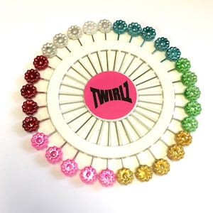 1 x rondelle of 30 assorted colour flower pins for dressmaking, 5.5cm length pins, assorted colour flower pins, haberdashery pins