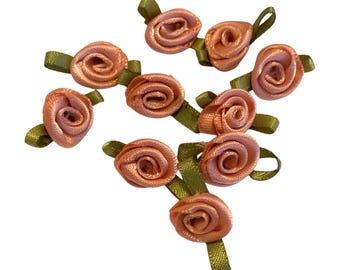 10pcs Rose Pink Satin Ribbon Roses with Green Leaves