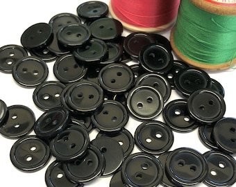 10, 15mm (24L) black shirt buttons, raised order, two hole buttons, small black buttons, flat buttons, black 15mm buttons