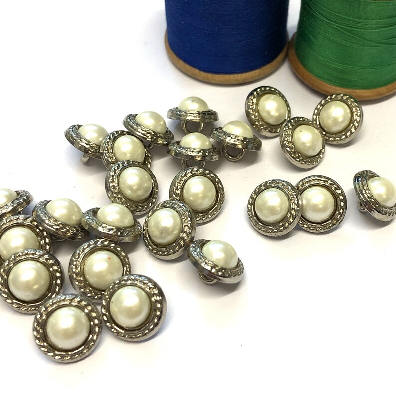 6, silver metal and white pearl detail buttons with a rear loop, metal blouse buttons, pearl buttons, choice of size image 5