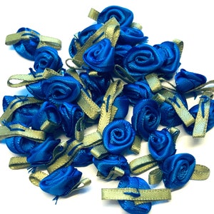 10, rose in nastro blu reale, rose in nastro di raso, rose in raso blu, fiori da cucire, piccole rose in nastro, fiori in nastro blu, applicazioni floreali