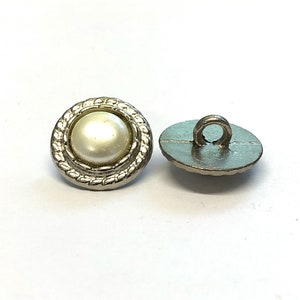 6, silver metal and white pearl detail buttons with a rear loop, metal blouse buttons, pearl buttons, choice of size image 2