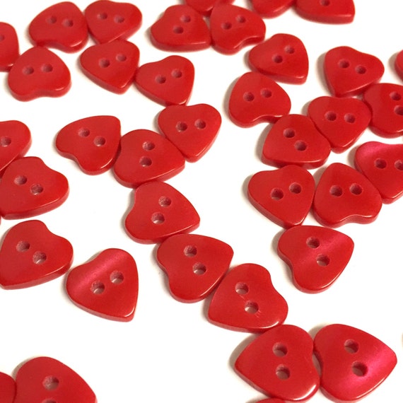 10, Red Heart Buttons, Heart Shaped Buttons, Tiny Buttons, Opalescent  Buttons, Dolls Buttons, Baby Buttons, Valentines Buttons, Red Buttons 