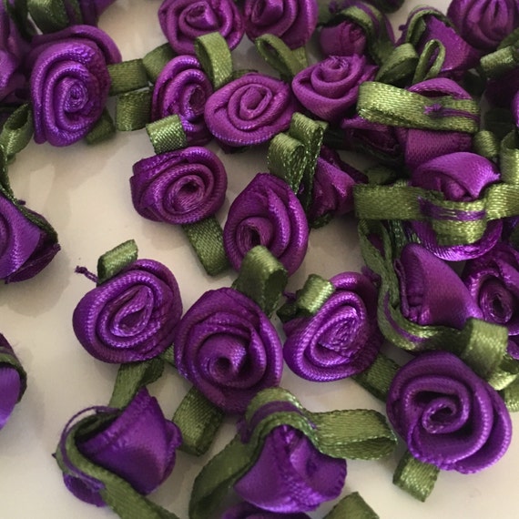 1/2 Purple Mini Satin Ribbon Rose with Leaf Applique - Pack of