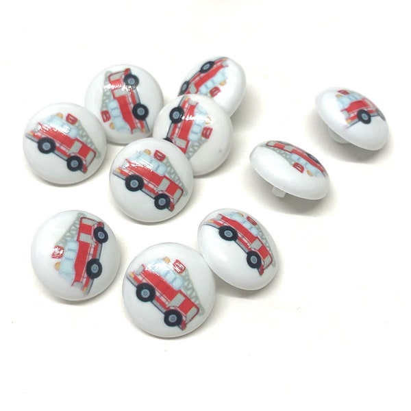 10, 15mm (24L) fire engine shank buttons, white buttons with cute red fire truck picture, fire appliance buttons, novelty buttons