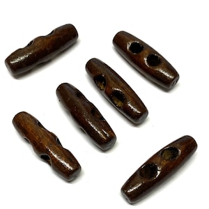 6, 29mm dark brown wood toggles, shiny brown toggles, wooden buttons, two holes, coat buttons, duffle buttons, winter buttons, craft buttons