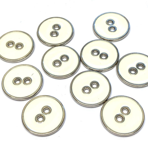 6 x boutons en émail rond argent et blanc, boutons en métal argenté italien, tailles assorties, boutons en métal argenté, bouton métallique inhabituel