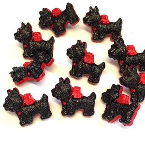 10 black scottie dog shank buttons, black and red dog shaped buttons, novelty buttons, childrens knits
