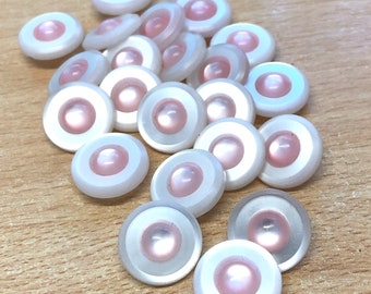16mm (26LL) light pink opalescent shank buttons with central darker pink dome, unusual pink buttons, light pink buttons