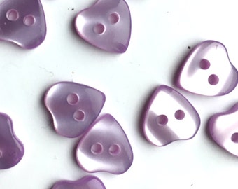 10, lilac heart buttons, heart shaped buttons, tiny buttons, opalescent buttons, dolls buttons, baby buttons, valentines buttons