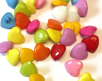 10 mixed colour heart buttons, faceted heart buttons, assorted buttons, 14mm heart buttons, shank buttons, craft buttons, resin buttons