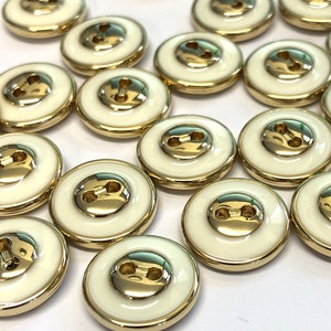 10, 15mm (24L) round pale gold metallic buttons with  white enamel. gold Italian buttons, gold sweater buttons, gold buttons