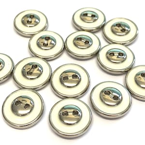 10, round silver metallic buttons with  white enamel. silver Italian buttons, silver sweater buttons, silver buttons