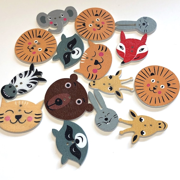 10 mixed wooden animal buttons zebra, giraffe, rabbit, lion, raccoon, fox buttons, wildlife buttons, safari buttons