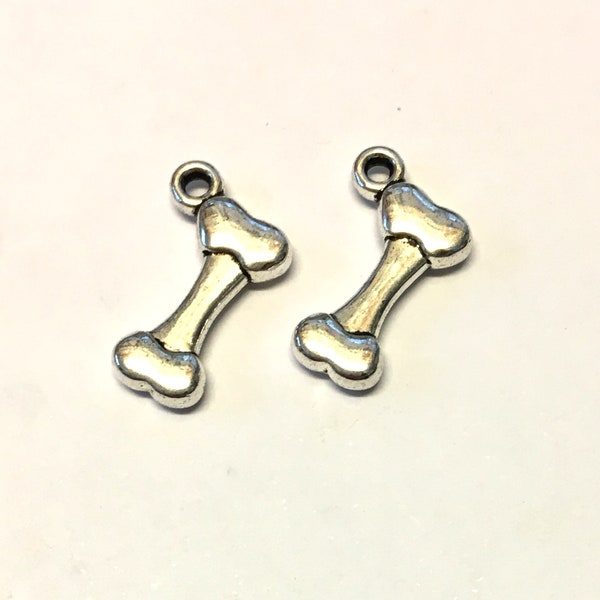 10, silver metal dog bone charms, silver tone metal charms, bone charms, jewellery making, beading supplies